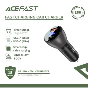 ACEFAST B6 METAL CAR CHARGER 63W (USB-A USB-C) WITH DIGITAL DISPLAY