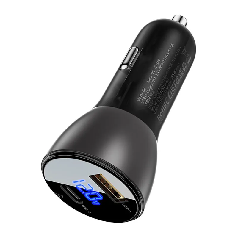 ACEFAST B6 METAL CAR CHARGER 63W (USB-A USB-C) WITH DIGITAL DISPLAY