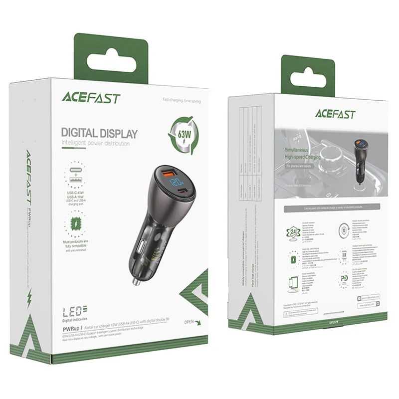 ACEFAST B6 METAL CAR CHARGER 63W (USB-A USB-C) WITH DIGITAL DISPLAY