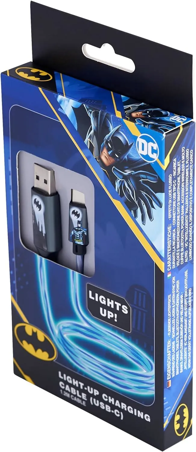 Batman 1.2m USB A to C Charging Cable with Flowing Light Bat Logo - CBBM-ACLI-BATMAN