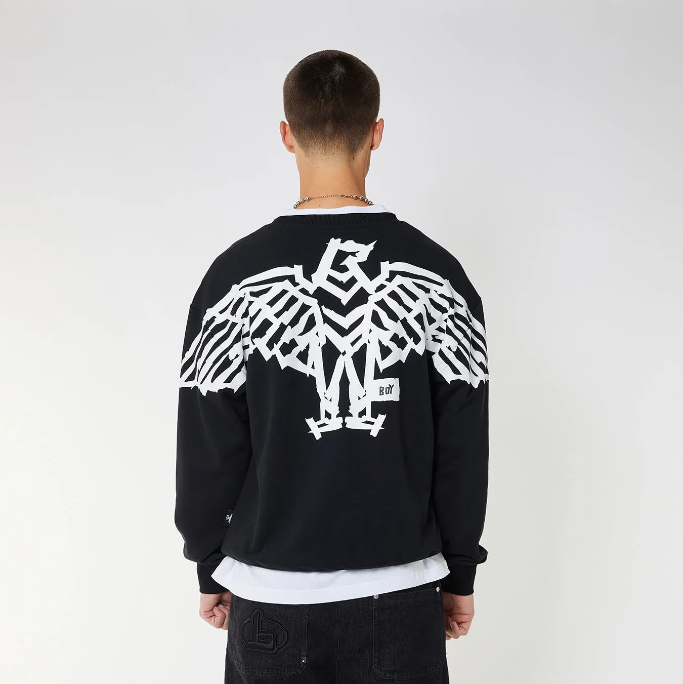 BOY BACKPRINT TAPE EAGLE  SWEATSHIRT - BLACK/WHITE