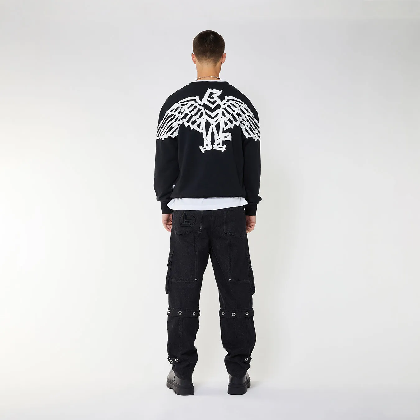 BOY BACKPRINT TAPE EAGLE  SWEATSHIRT - BLACK/WHITE