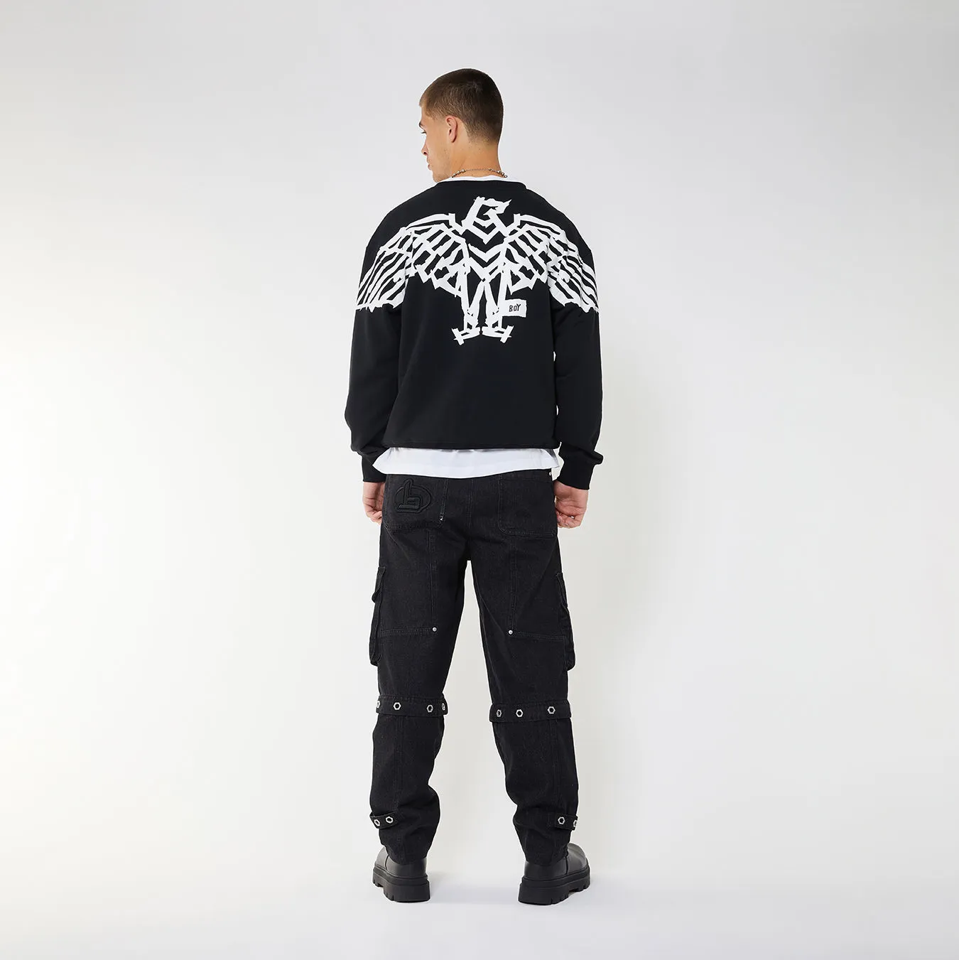 BOY BACKPRINT TAPE EAGLE  SWEATSHIRT - BLACK/WHITE