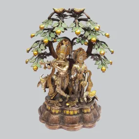 Brass Radha Krishna with Cow Under Tree 3 Tone Finish 21 in