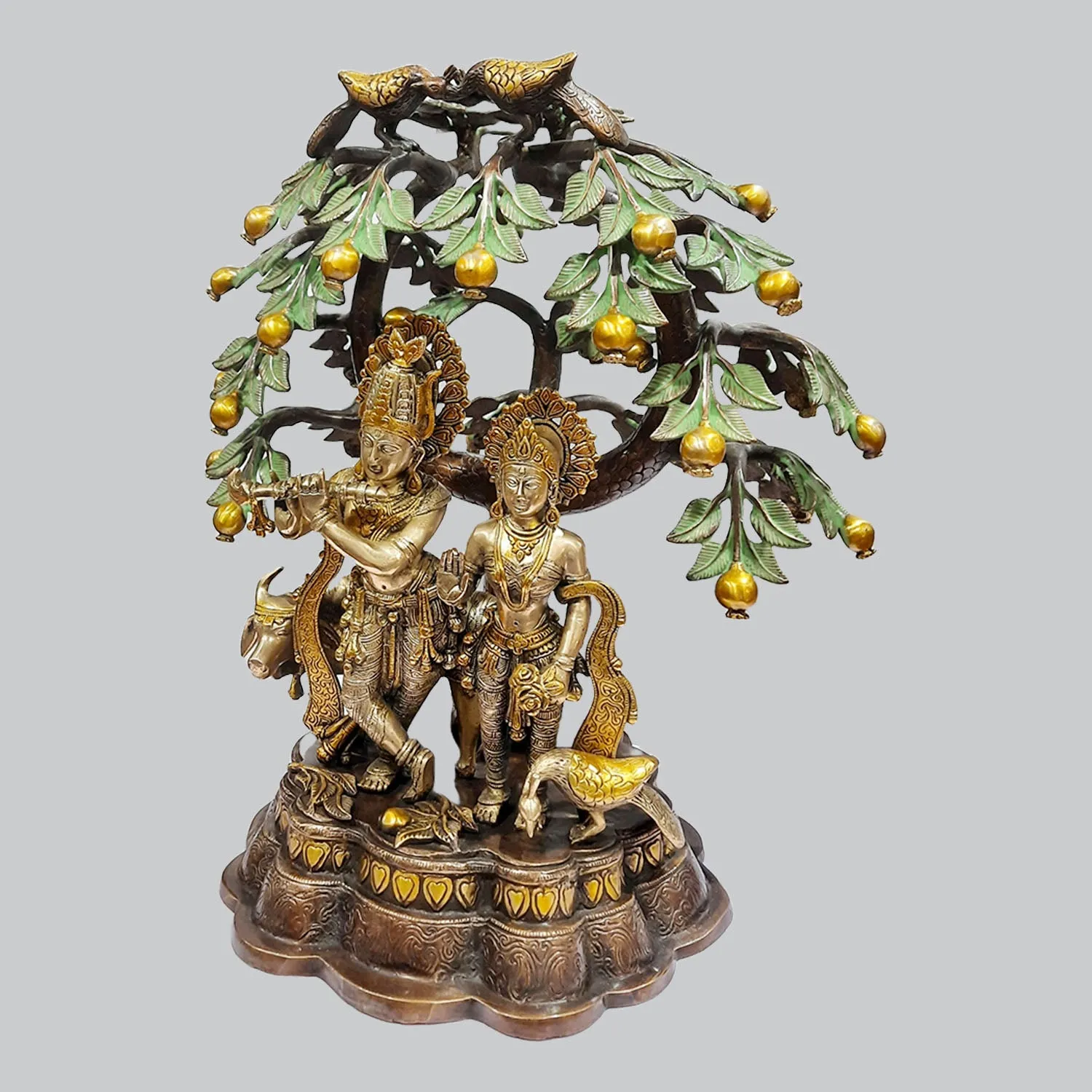 Brass Radha Krishna with Cow Under Tree 3 Tone Finish 21 in