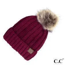 C. C Fuzzy Lining With Knitted Beanie And Fur Pom Pom