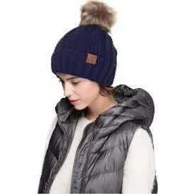 C. C Fuzzy Lining With Knitted Beanie And Fur Pom Pom