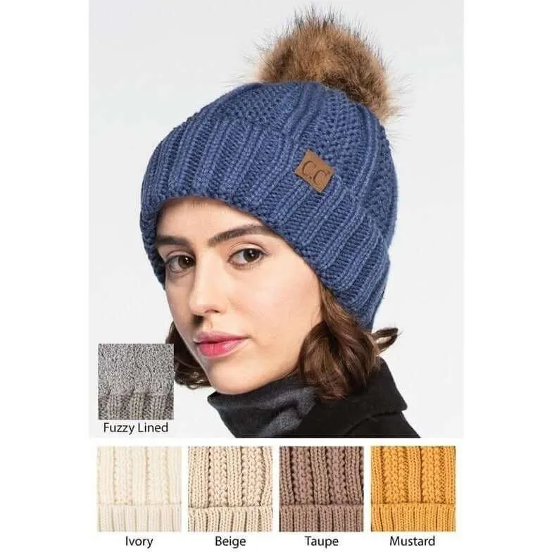 C. C Fuzzy Lining With Knitted Beanie And Fur Pom Pom