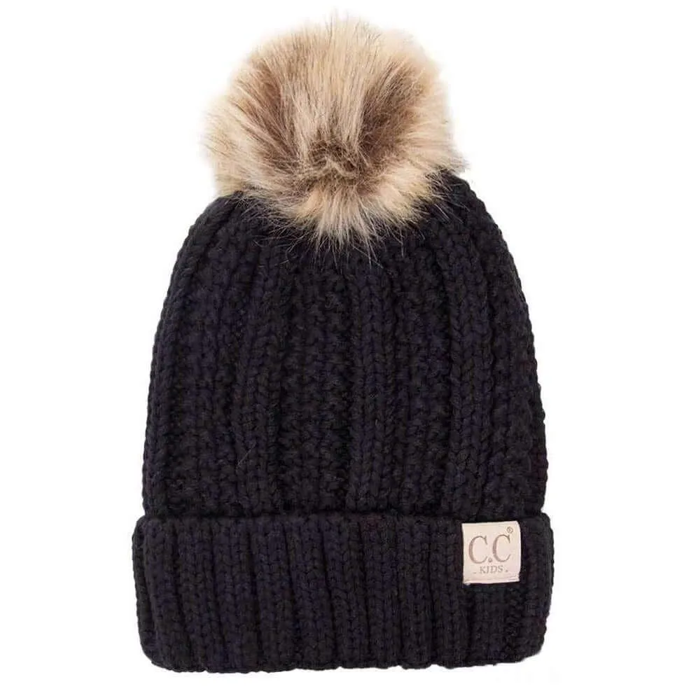 C. C Fuzzy Lining With Knitted Beanie And Fur Pom Pom