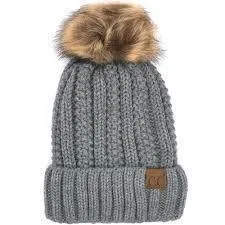 C. C Fuzzy Lining With Knitted Beanie And Fur Pom Pom