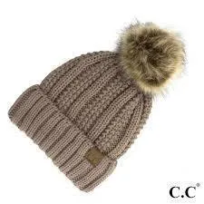 C. C Fuzzy Lining With Knitted Beanie And Fur Pom Pom