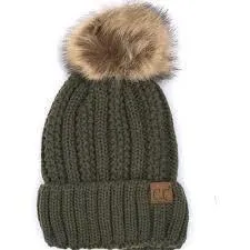 C. C Fuzzy Lining With Knitted Beanie And Fur Pom Pom