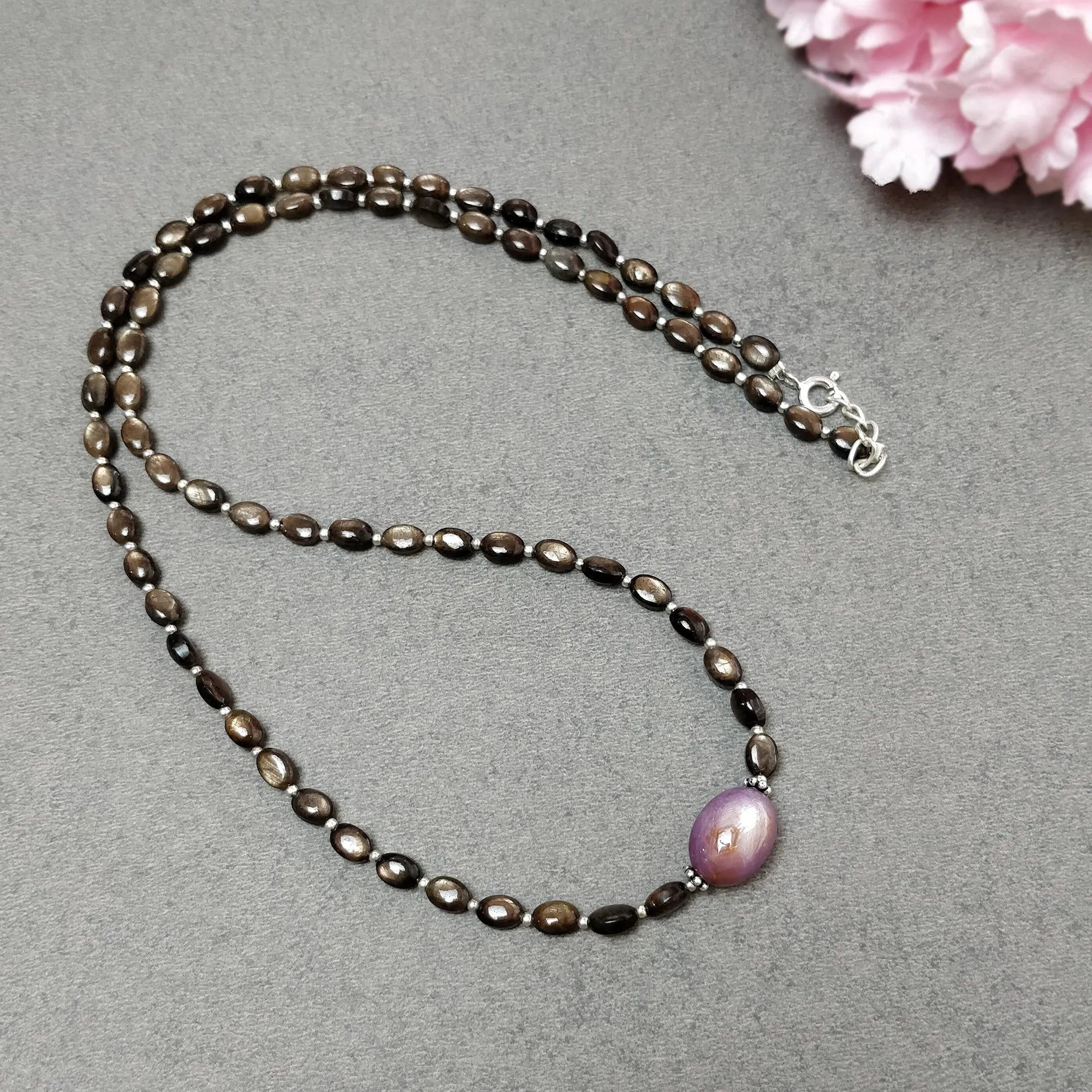 Chocolate Sapphire & Star Ruby Gemstone Necklace : 83.00cts Natural Untreated Oval Shape With 925 Sterling Silver 6*4mm - 14*10mm 21"