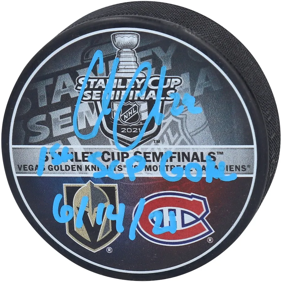 Autographed Cole Caufield Montreal Canadiens Hockey Puck with 1st SCP Goal 6/14/21 Inscription - Round 3 Playoff vs. Vegas Golden Knights Memorabilia