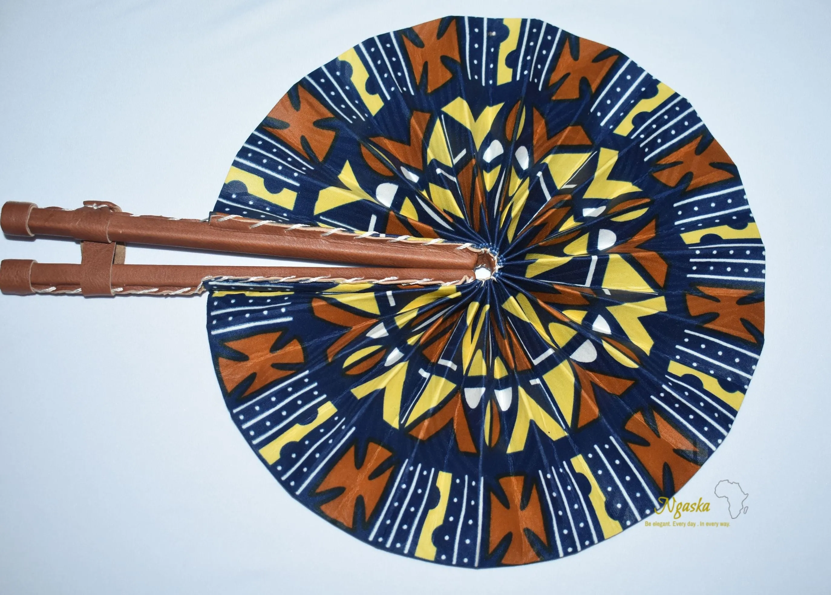 Colorful Bogolan Style Blue and Yellow African Tribal Print Fashion Fan FAN-21