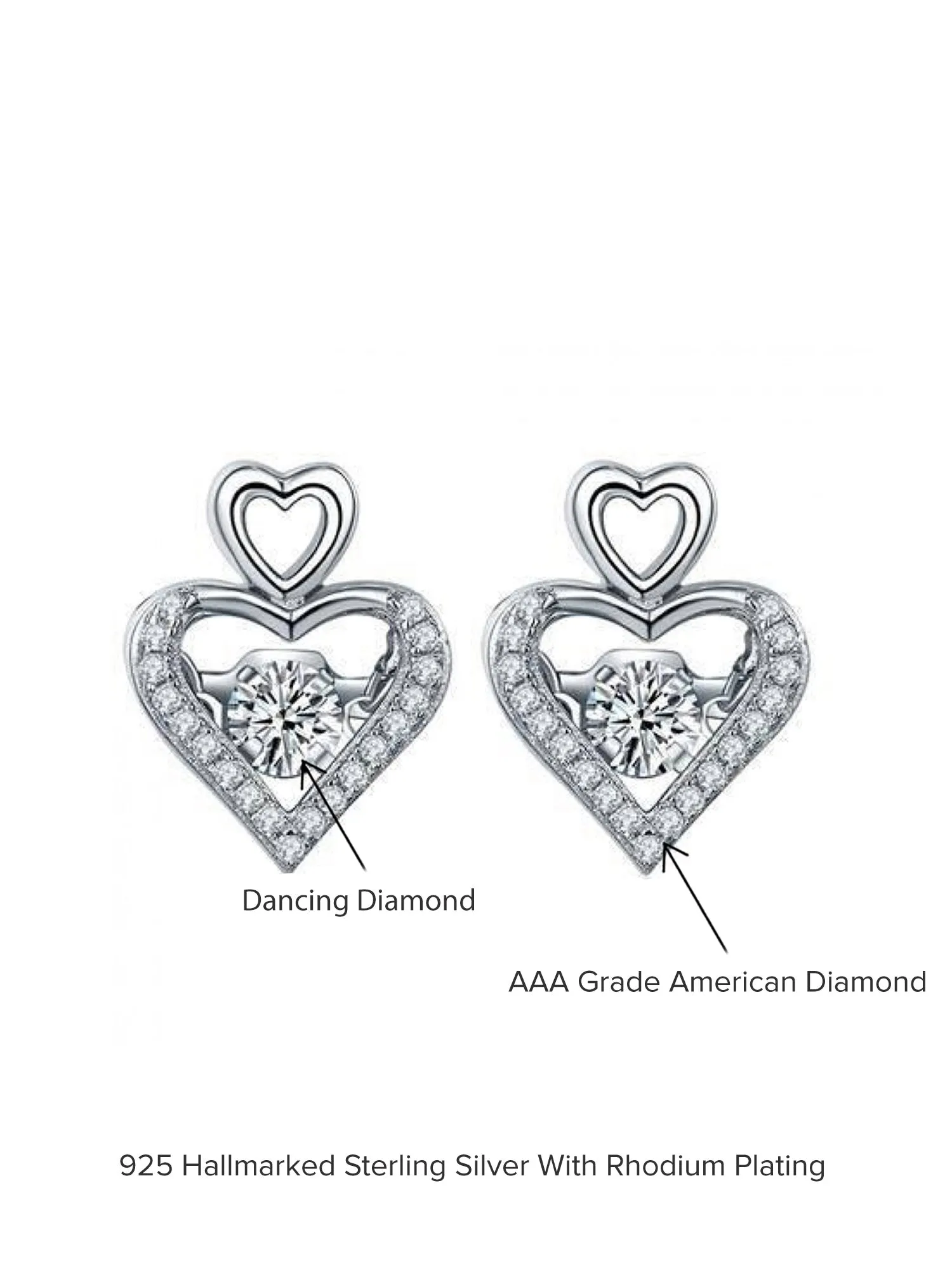 Dancing American Diamond Silver Heart Studs