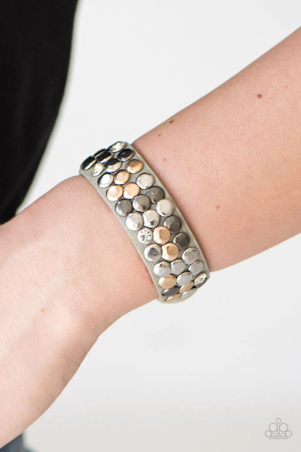 Don't Step On A Crack Gray Leather Urban Wrap Snap Bracelet - Paparazzi Accessories