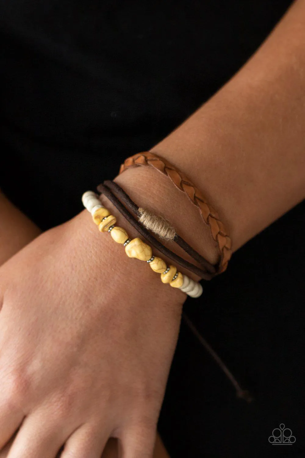 Far Out Wayfair Yellow Stone and Brown Leather Urban Knot Bracelet - Paparazzi Accessories