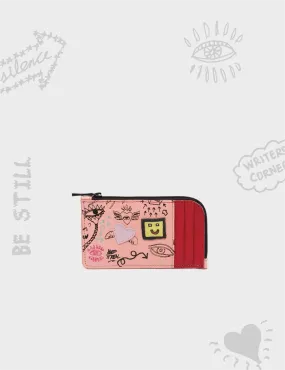 Fausto Rose Leather Zip-around Cardholder - Urban Doodles Print