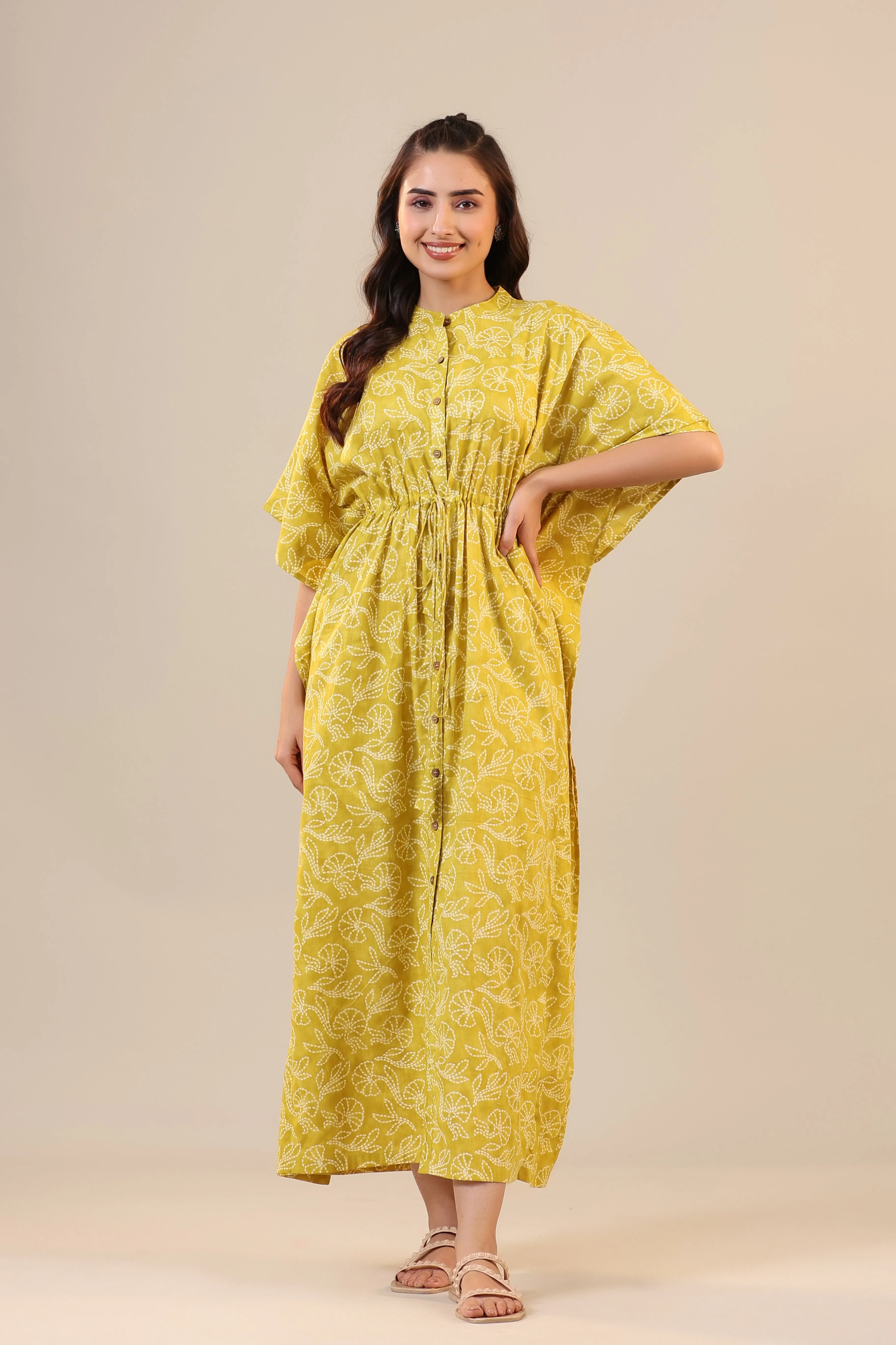 Floral Shibori on Yellow Front Buttoned Cotton Kaftan