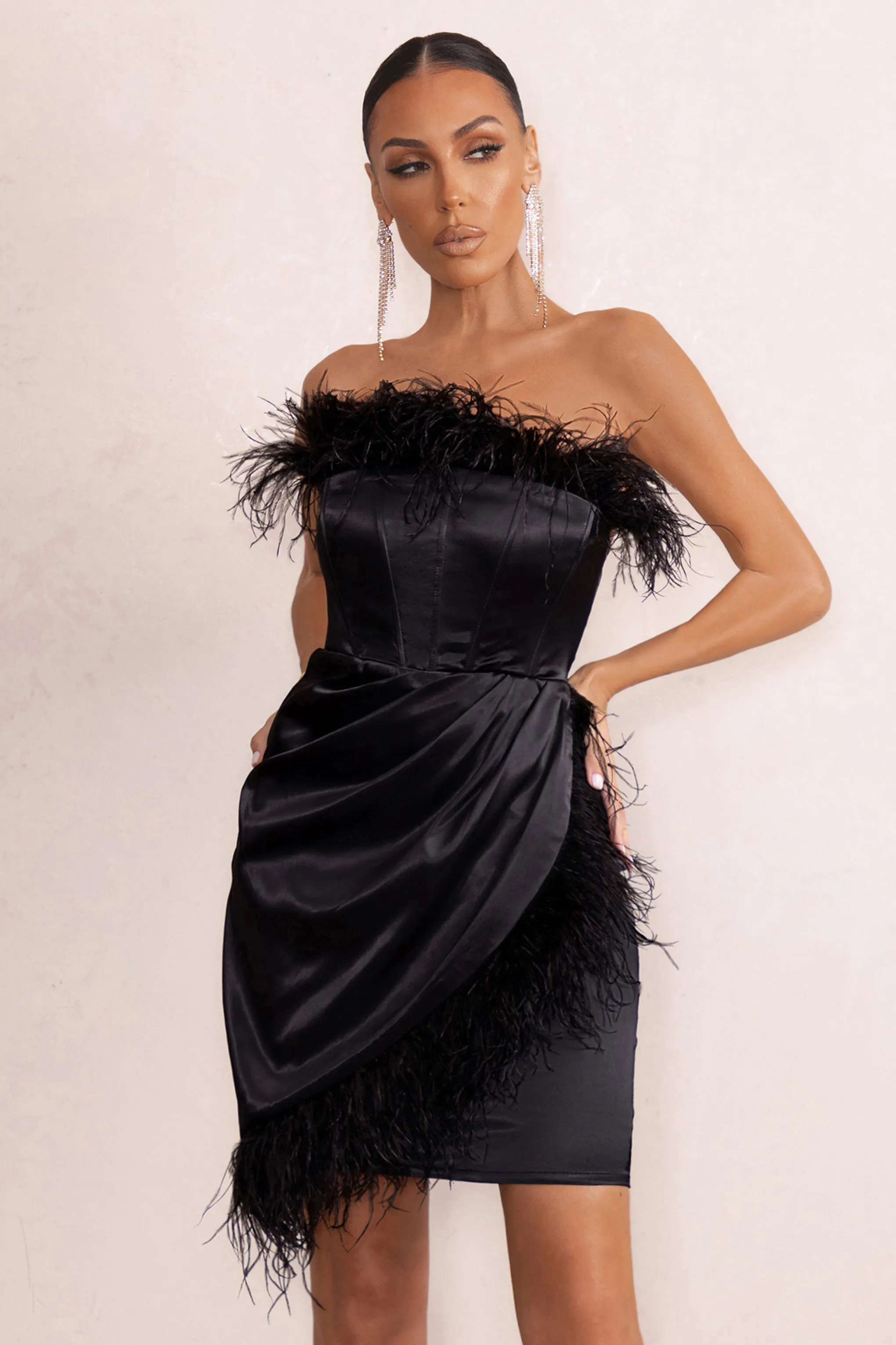 Forever High | Black Bandeau Wrap Front Mini Dress With Feather Trim