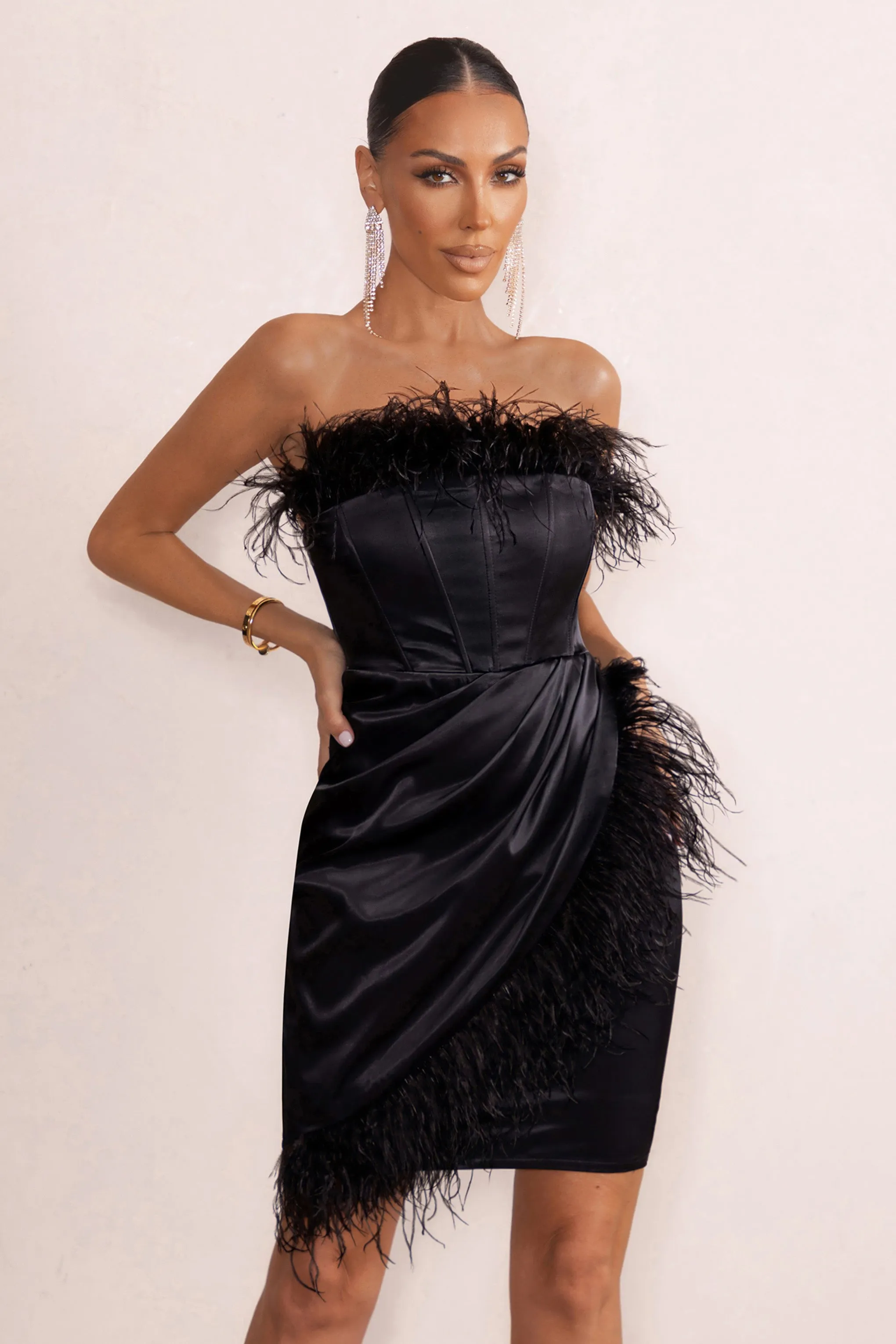 Forever High | Black Bandeau Wrap Front Mini Dress With Feather Trim