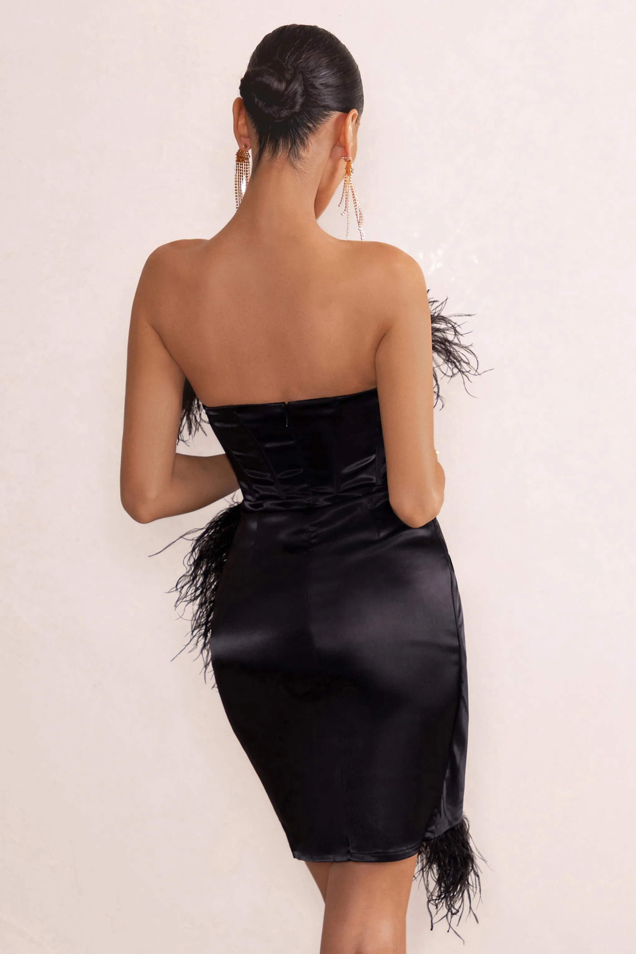 Forever High | Black Bandeau Wrap Front Mini Dress With Feather Trim