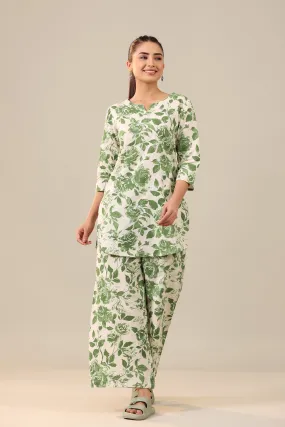 Green Jaal on Off White Cotton Flex Loungewear Palazzo Set