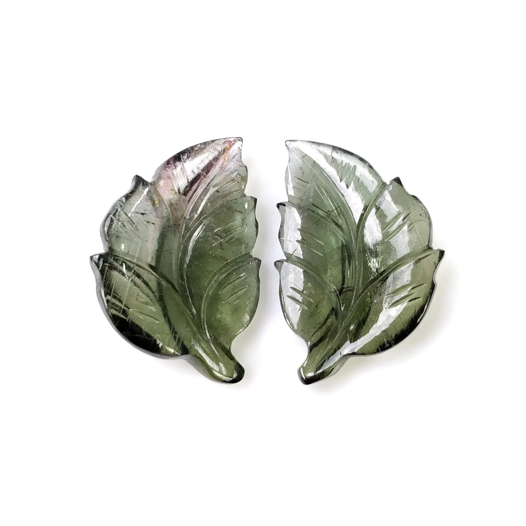 GREEN TOURMALINE Gemstone Carving : 15.25cts Natural Untreated Watermelon Tourmaline Hand Carved LEAVES 21*15mm Pair (With Video)