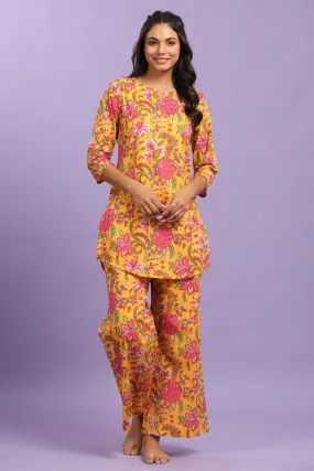 Gulmohar on Cotton Mustard Plazzo Loungewear Set