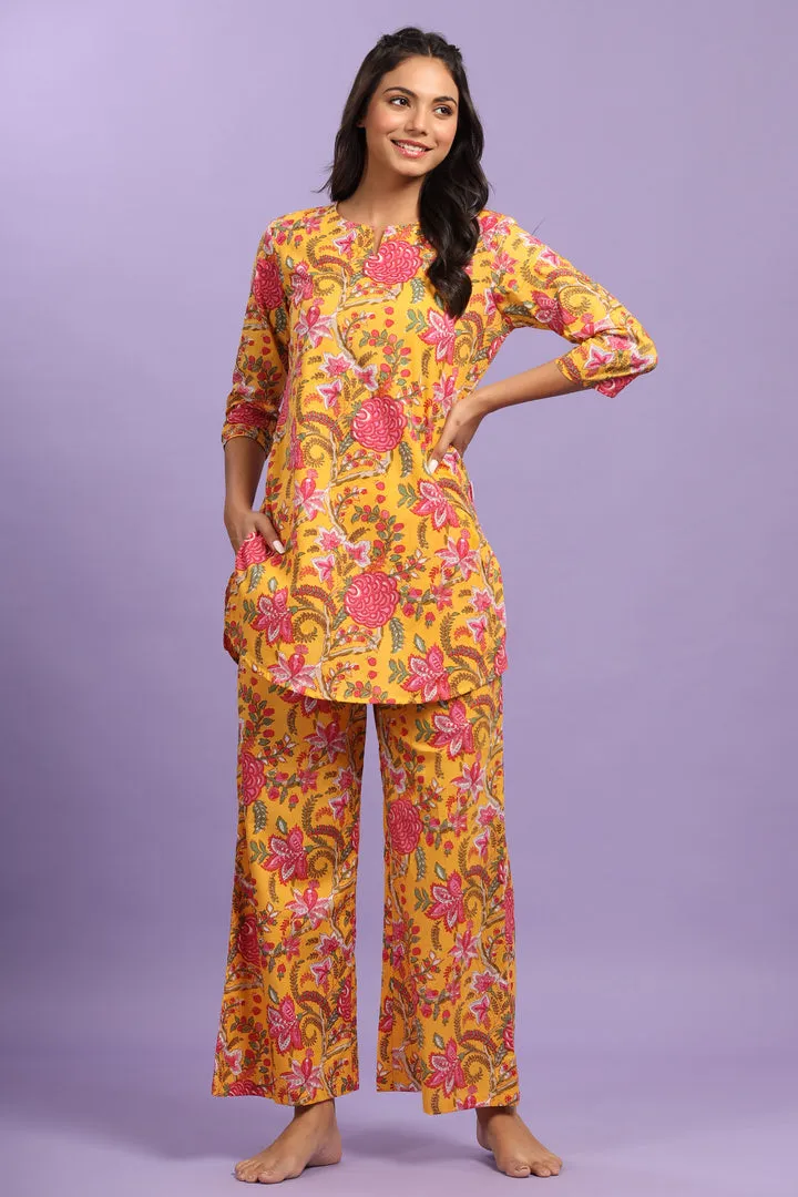 Gulmohar on Cotton Mustard Plazzo Loungewear Set