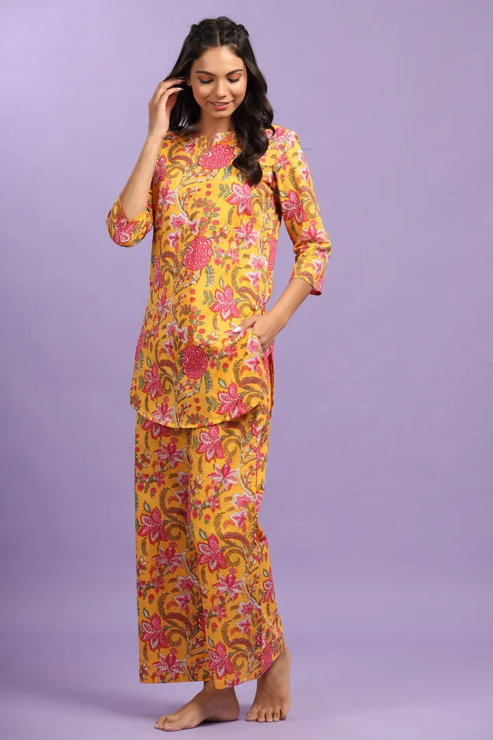 Gulmohar on Cotton Mustard Plazzo Loungewear Set