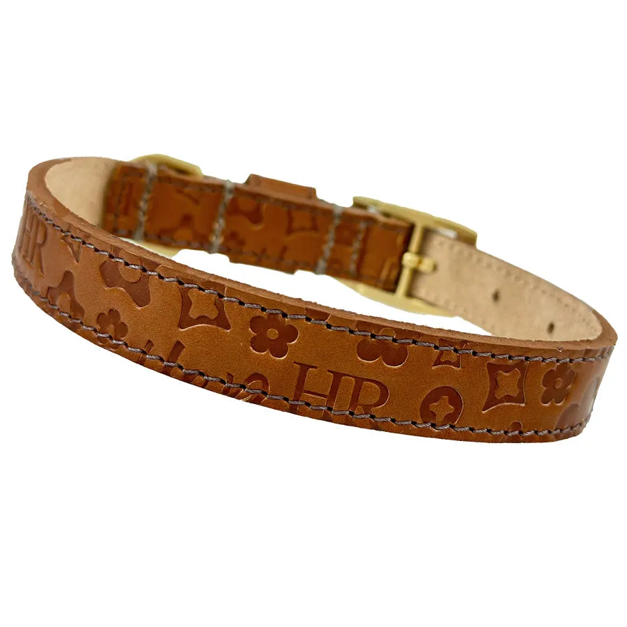 H&R Embossed Dog Collar in Saddle Brown