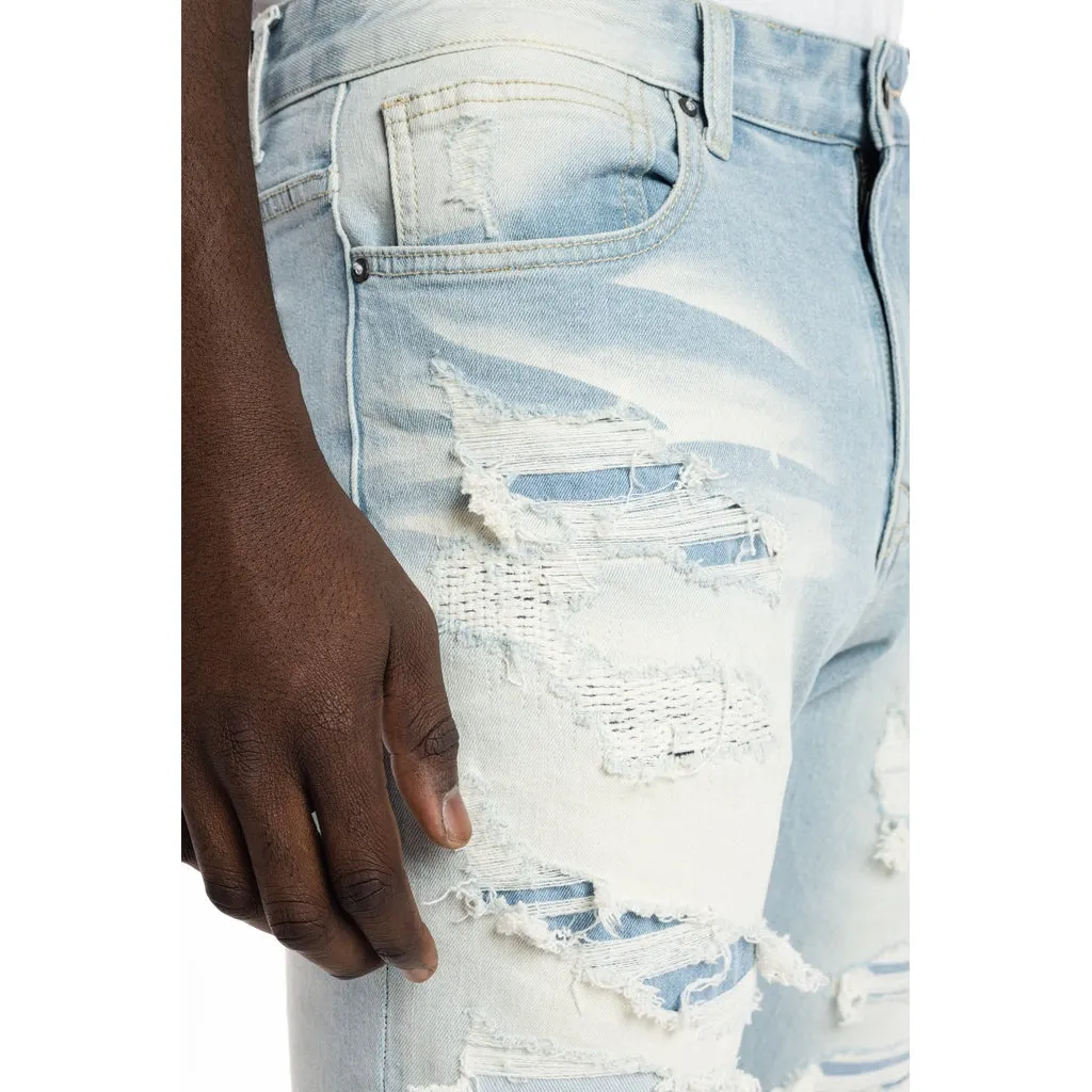 Heavy Rip & Repair Fashion Jeans - Speckle Blue