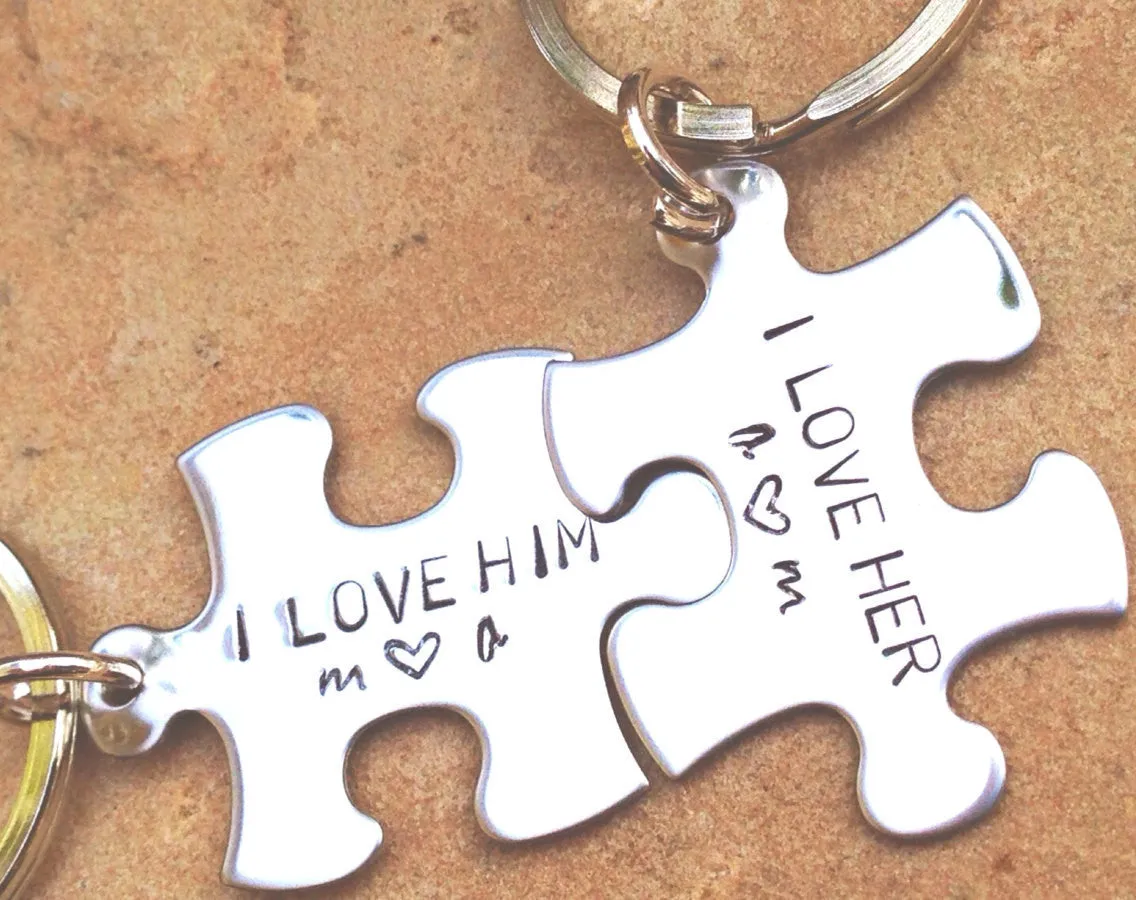 her one his only, couple keychain, Boyfriend Gift, for him and her, anniversary gifts, puzzle key chain, always and forever, hand stamped