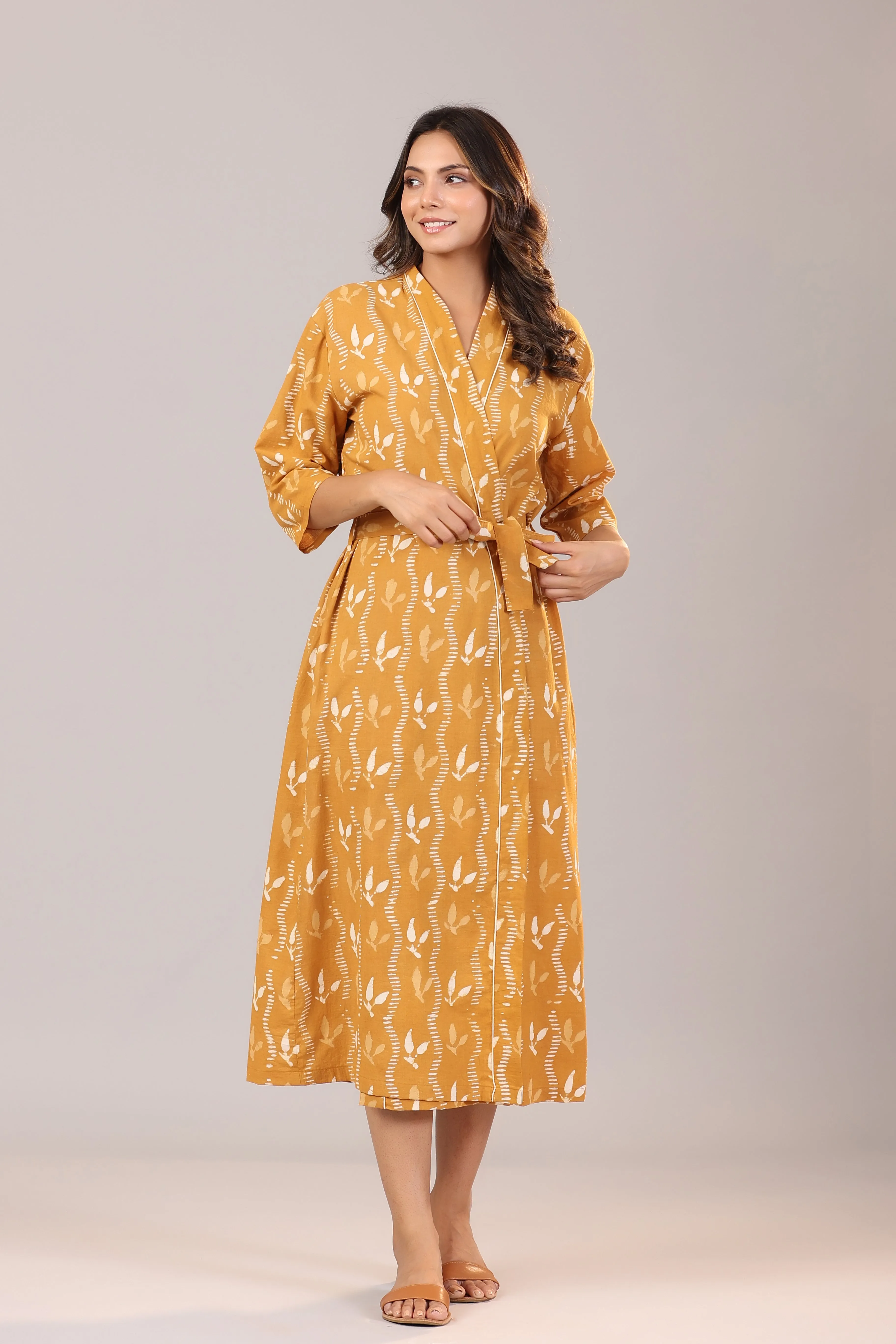 Leaf Motifs on Mustard Cotton Robe