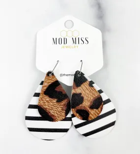 Leather Stacked Teardrop Earring Leopard Urban on Black & White Stripes (Thick Stripes)