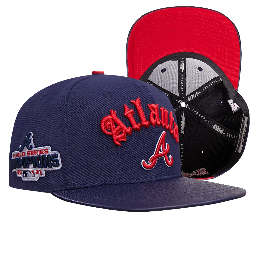 MLB ATLANTA BRAVES OLD ENGLISH UNISEX 6 PANEL LEATHER STRAPBACK (MIDNIGHT NAVY)