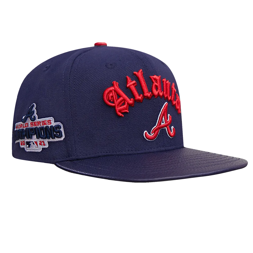 MLB ATLANTA BRAVES OLD ENGLISH UNISEX 6 PANEL LEATHER STRAPBACK (MIDNIGHT NAVY)