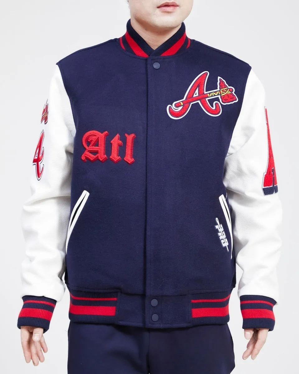 MLB ATLANTA BRAVES OLD ENGLISH WOOL MEN'S VARSITY JACKET (MIDNIGHT NAVY/WHITE)