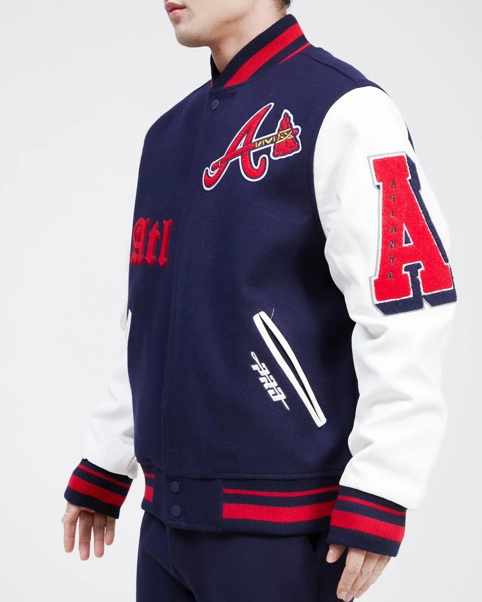 MLB ATLANTA BRAVES OLD ENGLISH WOOL MEN'S VARSITY JACKET (MIDNIGHT NAVY/WHITE)