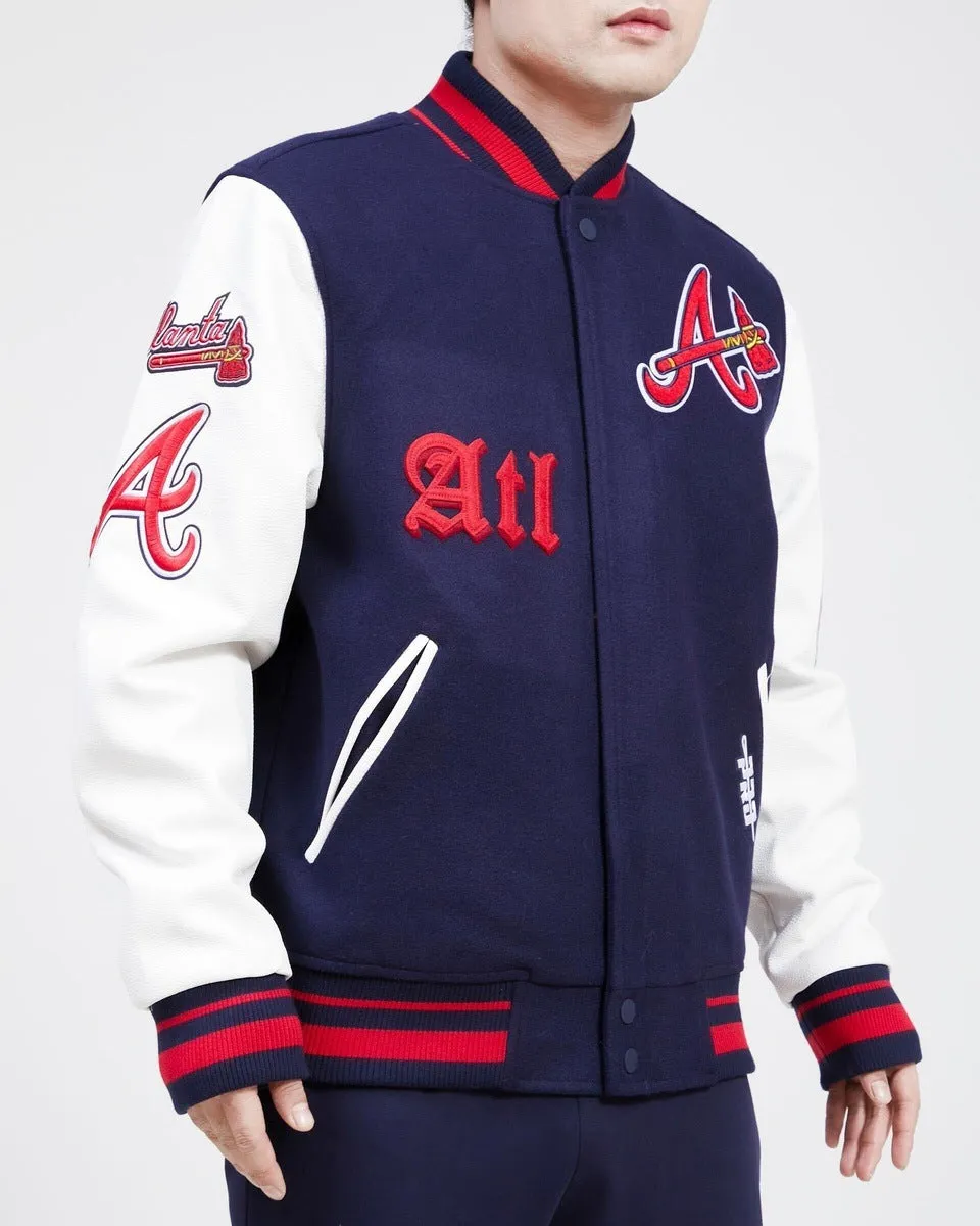 MLB ATLANTA BRAVES OLD ENGLISH WOOL MEN'S VARSITY JACKET (MIDNIGHT NAVY/WHITE)