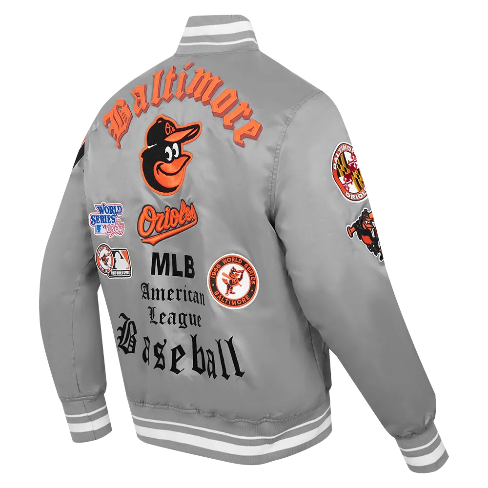 MLB BALTIMORE ORIOLES OLD ENGLISH MEN'S RIB SATIN JACKET (GRAY)