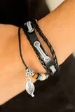 PAPARAZZI EVER EVERGREEN BLACK LEATHER CORD SILVER LEAF CHARM URBAN BRACELET