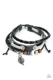 PAPARAZZI EVER EVERGREEN BLACK LEATHER CORD SILVER LEAF CHARM URBAN BRACELET