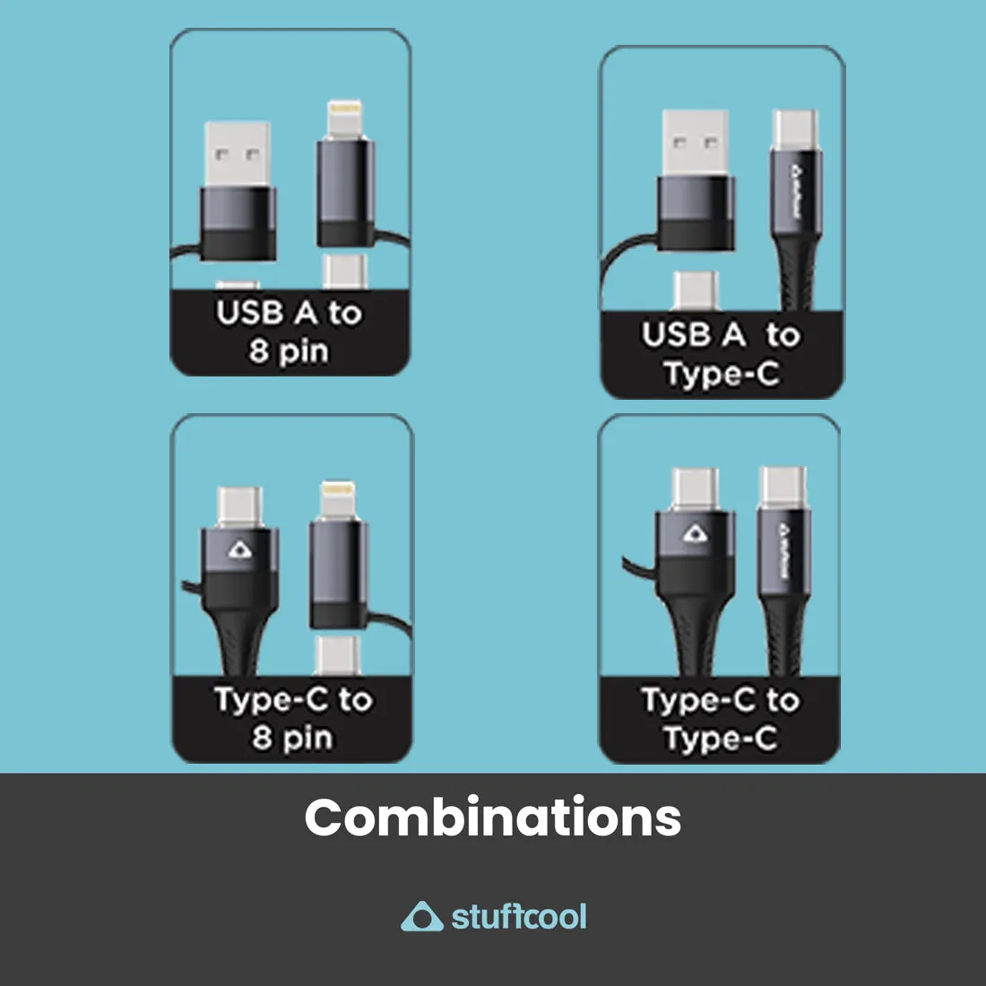 Quad 4-in-1 Lightning To Type C, Type C to C, Type C, Lightning Cable